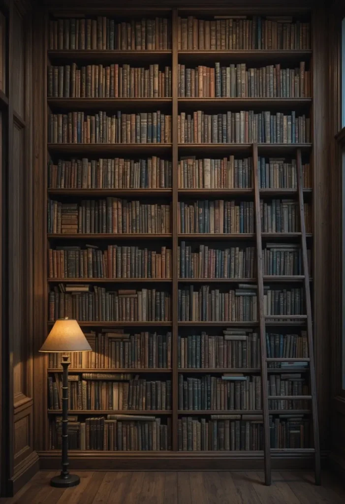 Floor to ceiling bookshelf in a dark academia living room