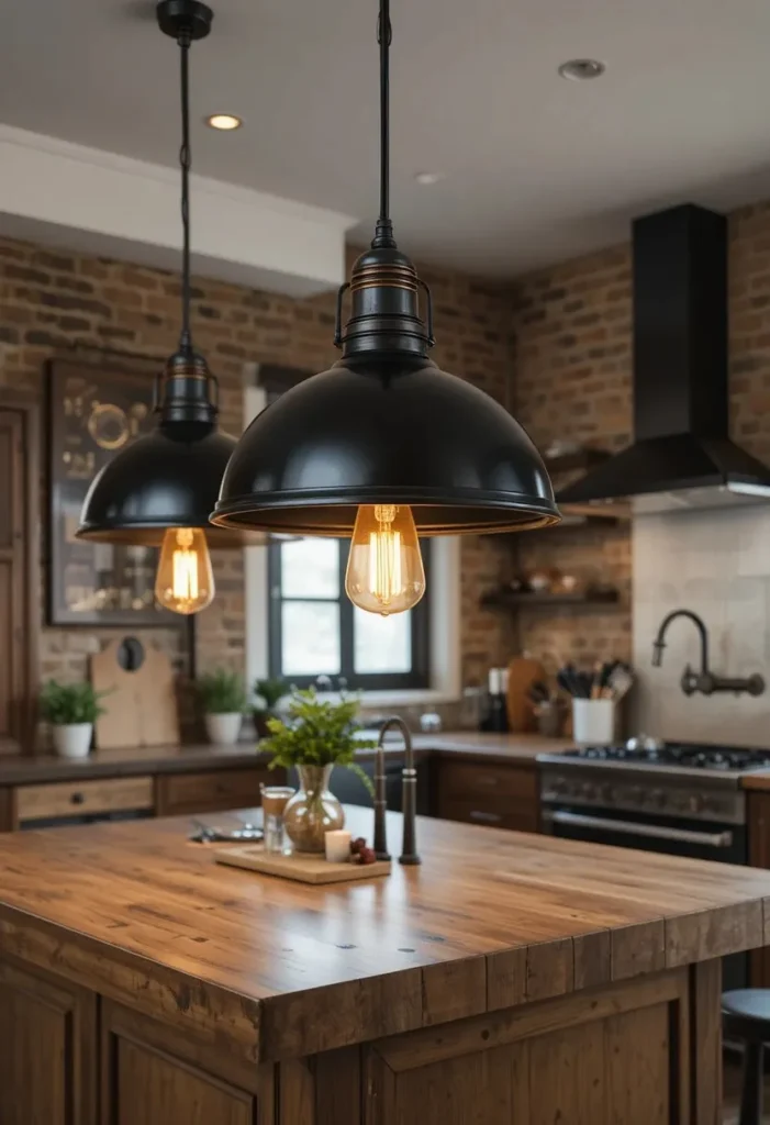 : Black industrial metal pendant lights over a wooden kitchen island