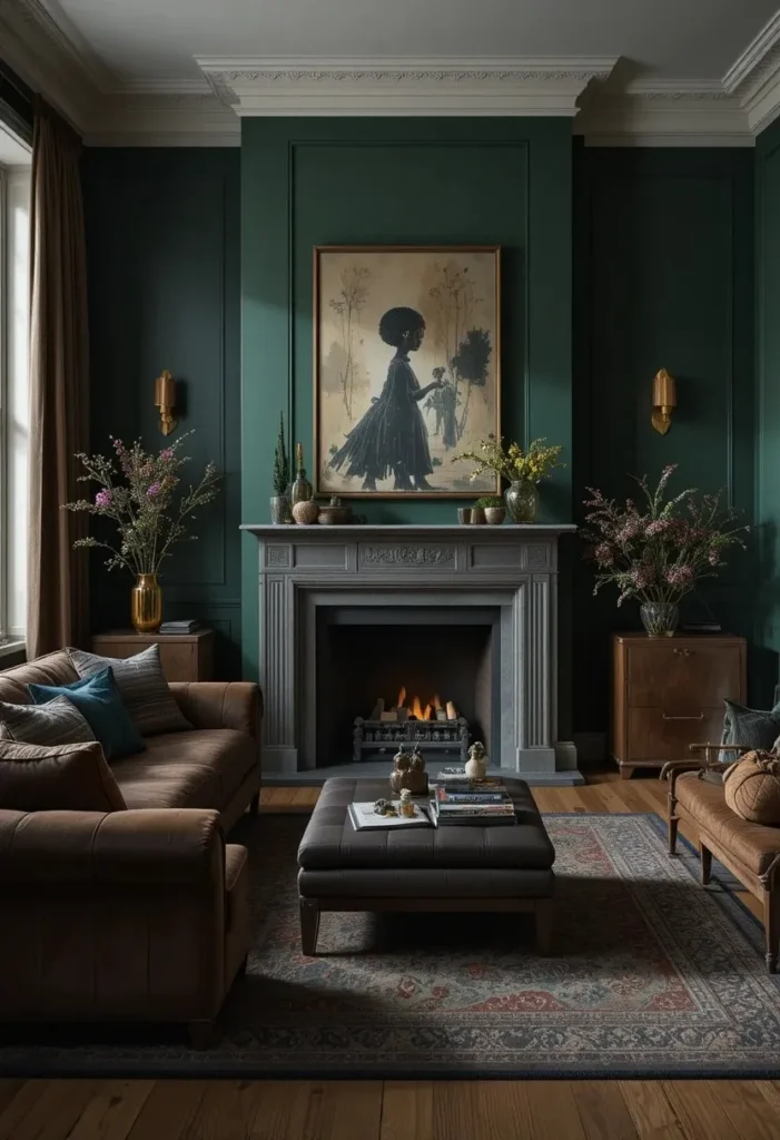 Dark academia living room with hunter green accent wall and warm lighting