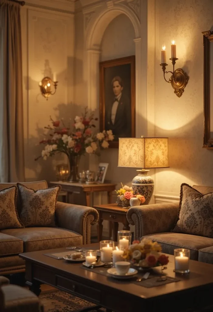 Warm ambient lighting in a cozy cottage living room at night
