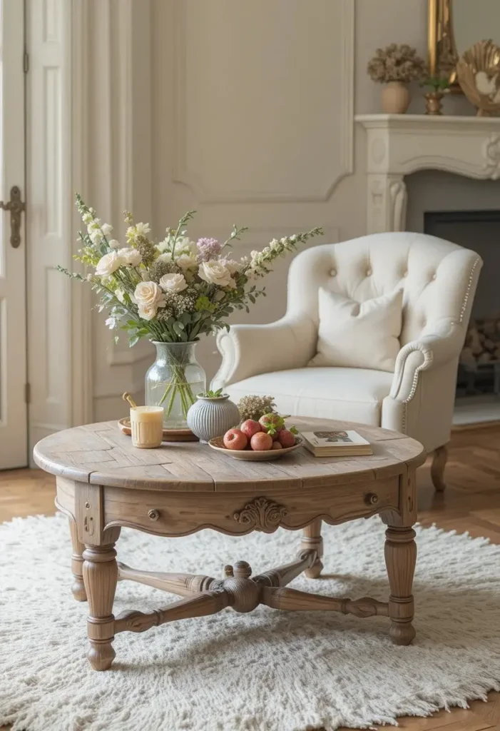 Vintage inspired furniture in a cottage living room
