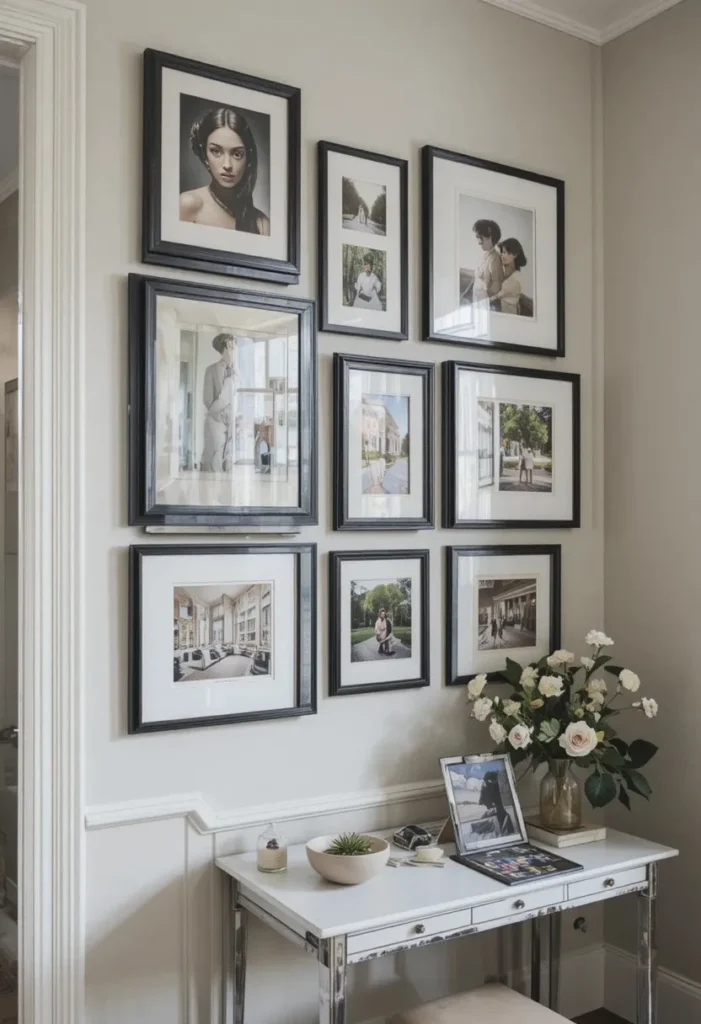 Gallery wall above living room desk with framed art and photos
