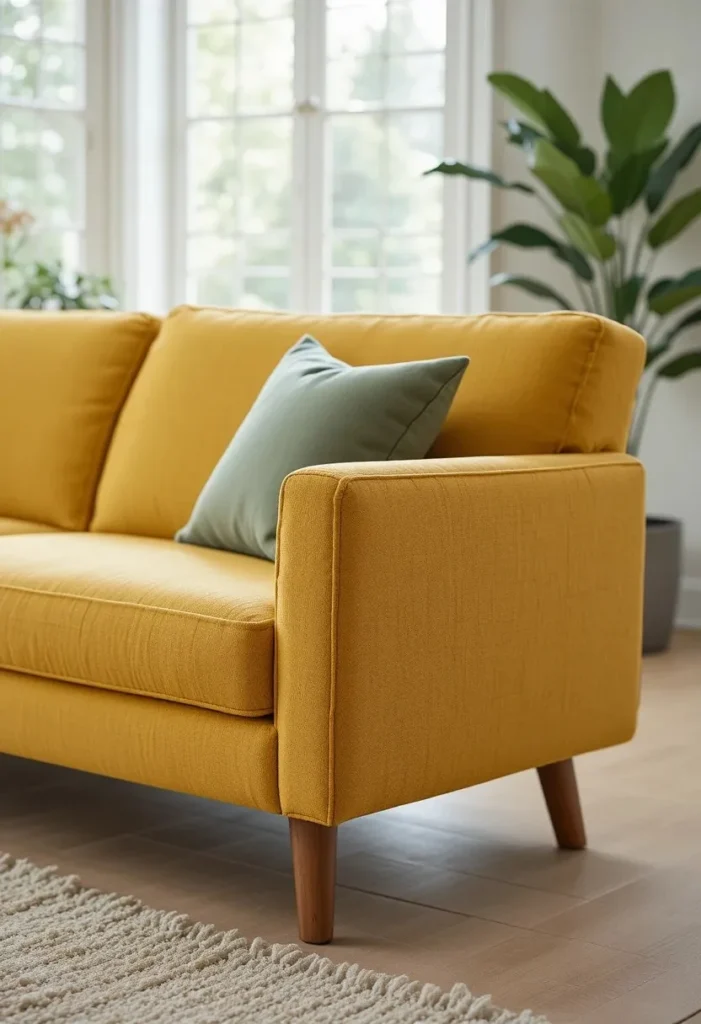 Mustard yellow low profile sofa with tapered wooden legs
