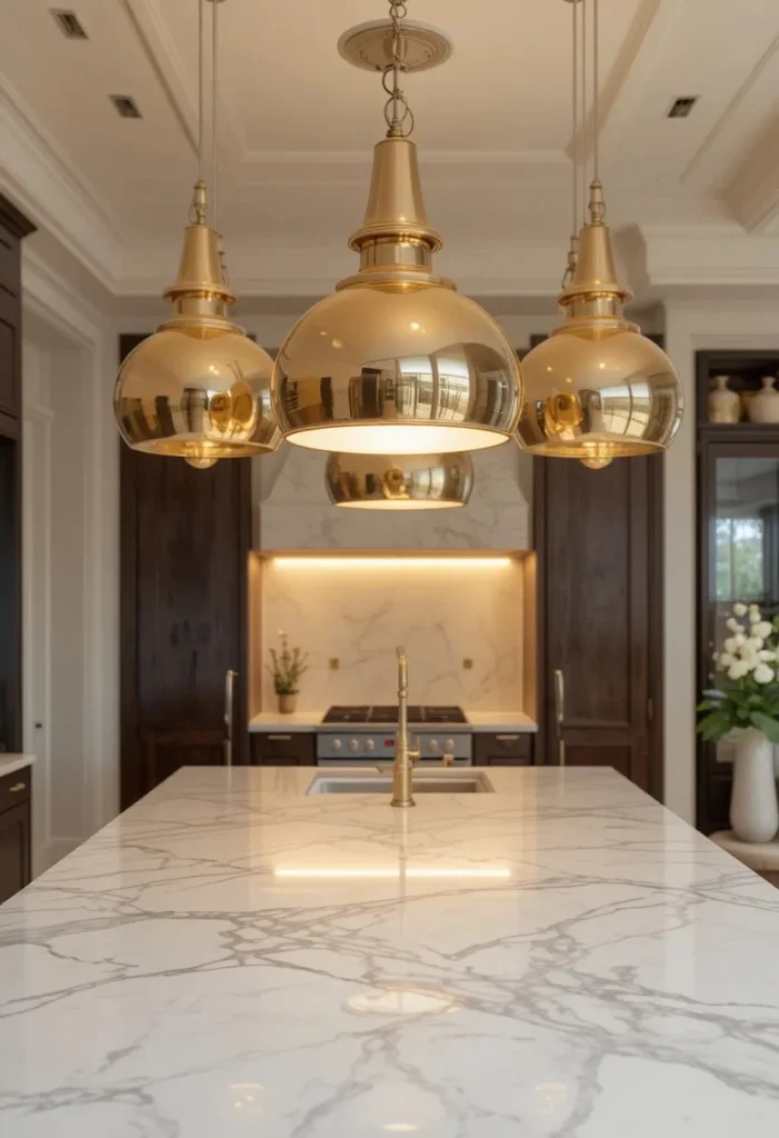 Brass gold pendant lights above a marble kitchen island