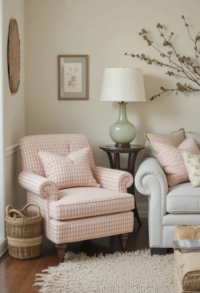 Gingham patterned accent chair in a cottage living room