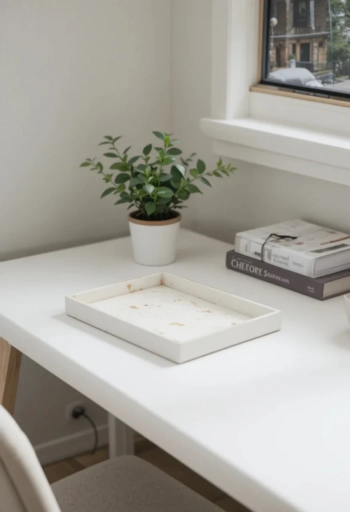 Neatly styled desk surface with minimal decor in living room