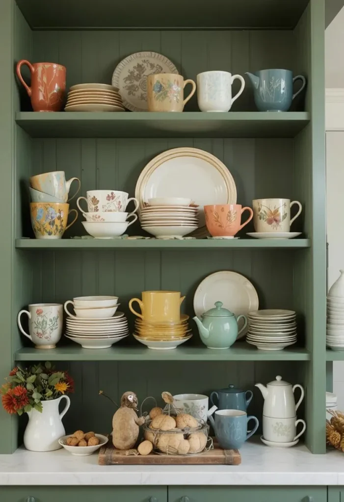 Green open kitchen shelving styled with ceramic dishware