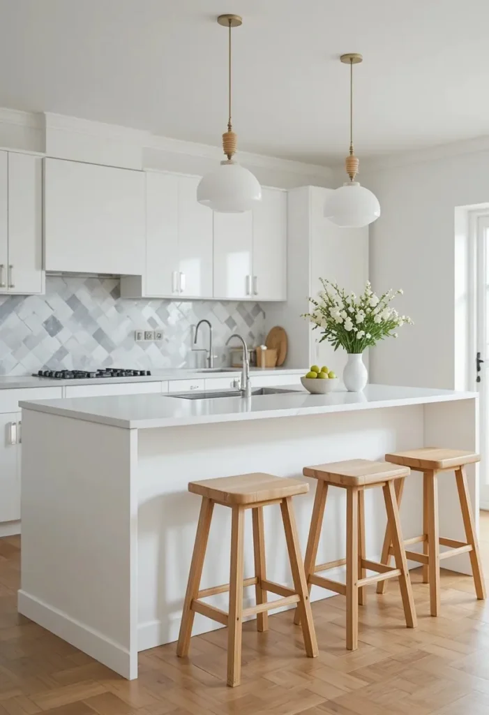  Backless oak wood stools under a minimalist white kitchen island