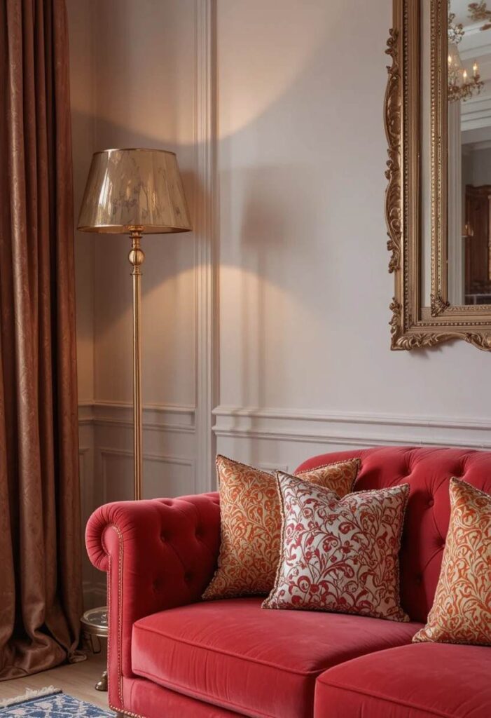  Red couch living room with brass and gold accents