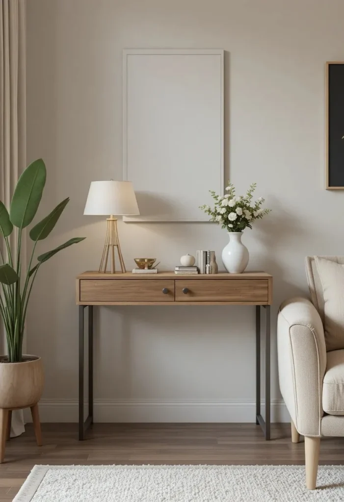 Slim console desk against living room wall saving floor space