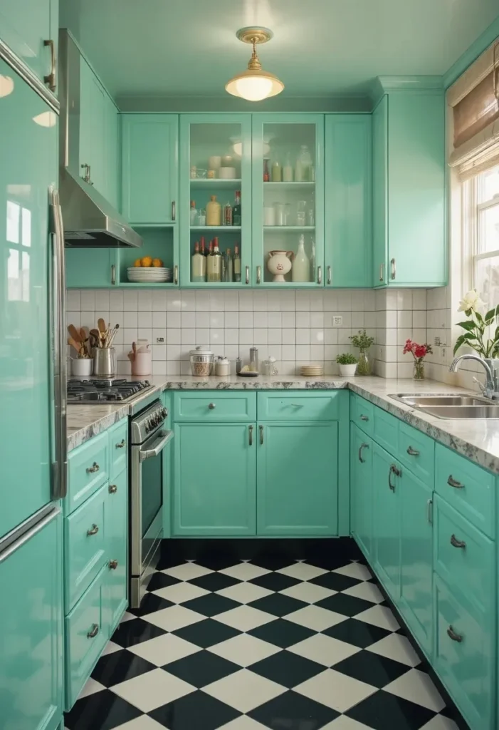 Mint green retro kitchen with chrome fixtures and checkered floor