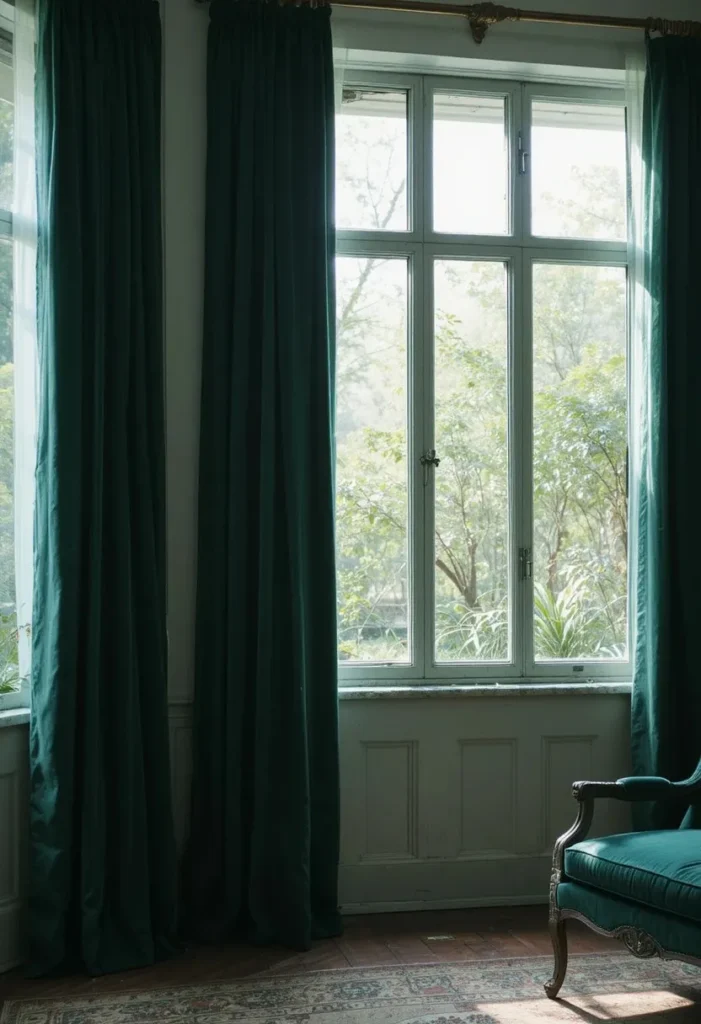 Emerald green velvet curtains in a vintage living room