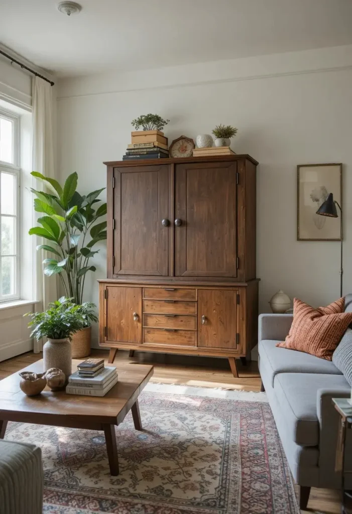 Vintage and modern furniture mix in living room

