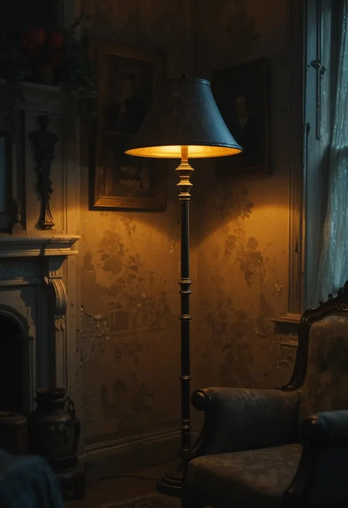 Brass floor lamp glowing warmly in a vintage living room