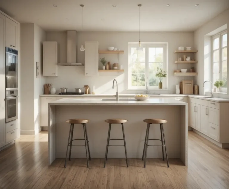 Modern kitchen island with three bar stools bathed in soft morning light
