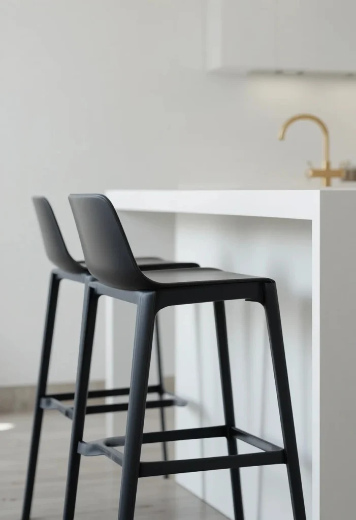 Matte black kitchen bar stools creating bold contrast in a white 