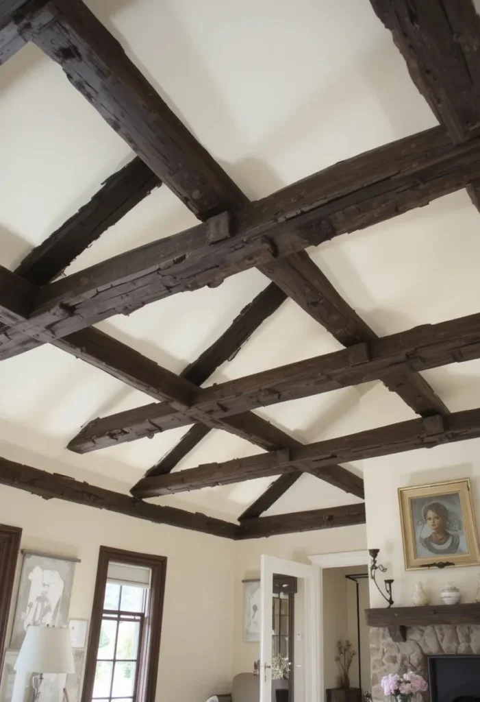 Exposed wood beam ceiling in cottage living room