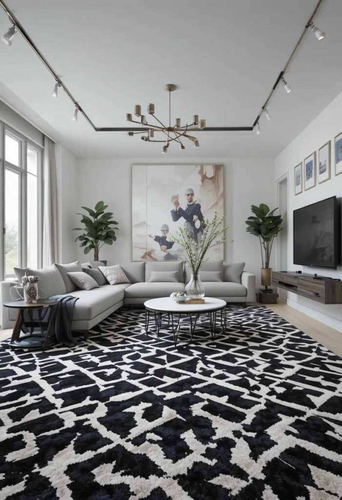 Bold geometric pattern carpet adding energy to a modern living room