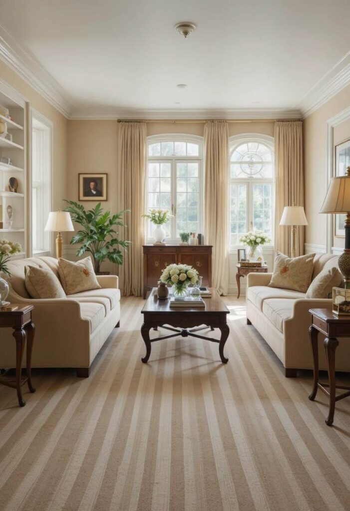 Striped living room carpet giving a classic tailored look