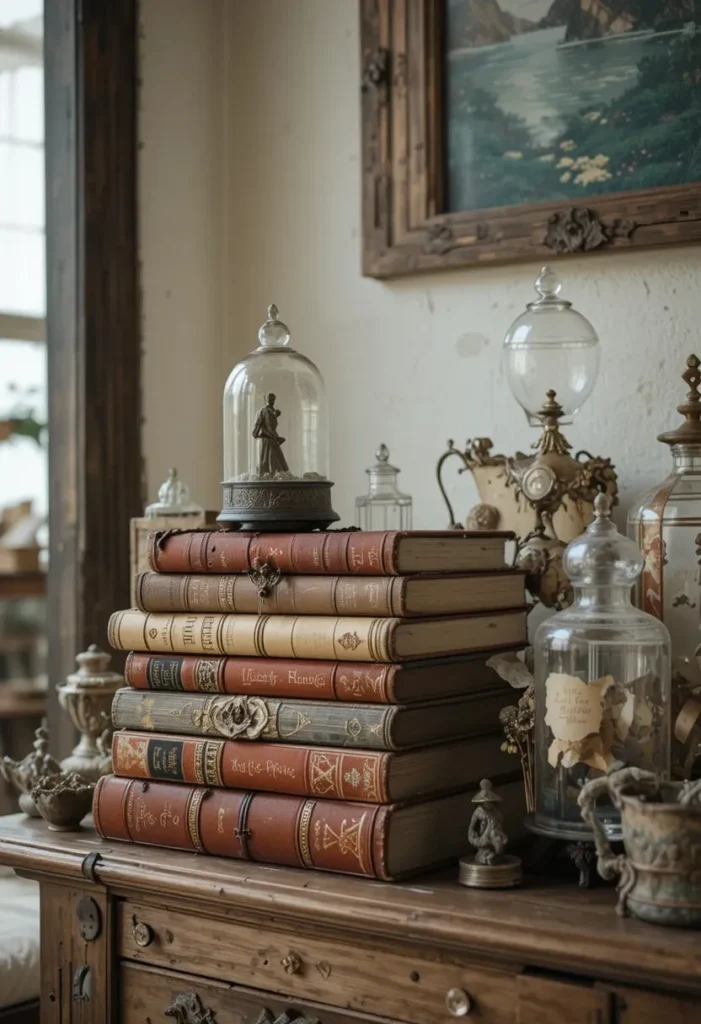 Vintage books and curiosities displayed on a shelf