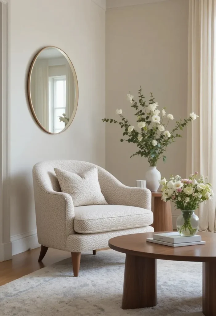 Curved accent chair and kidney shaped table in living room
