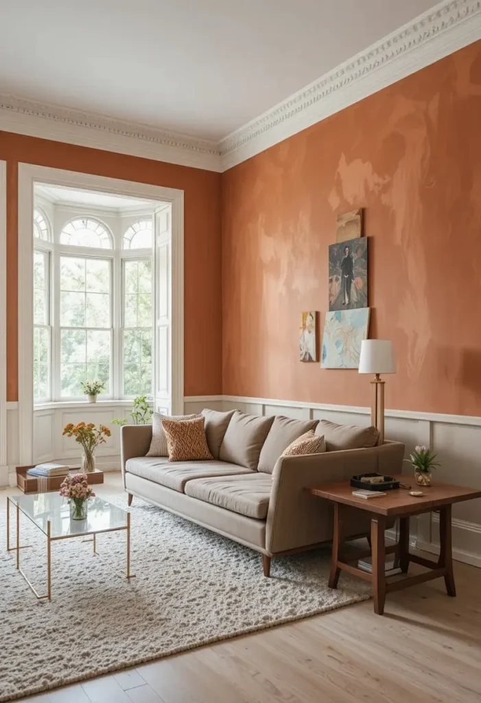 Burnt orange accent wall in mid century modern living room
