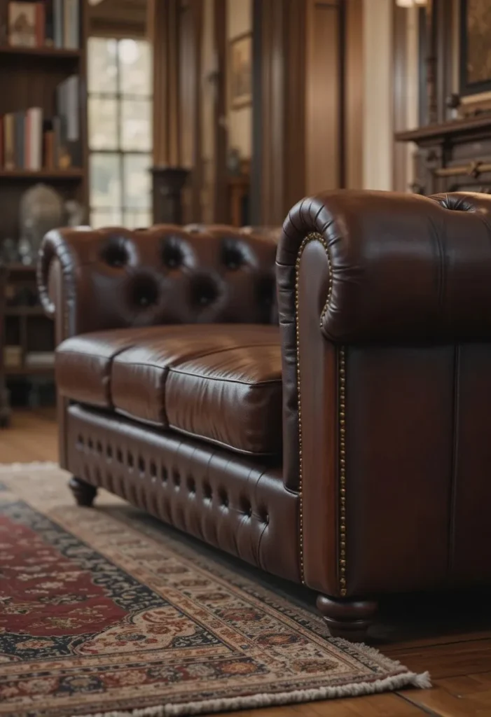 Deep oxblood leather Chesterfield sofa in a vintage living room