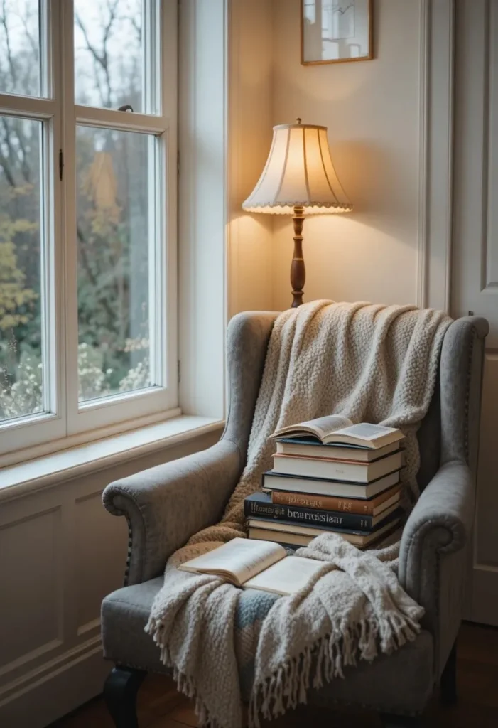 Cozy reading nook in a cottage living room by the window