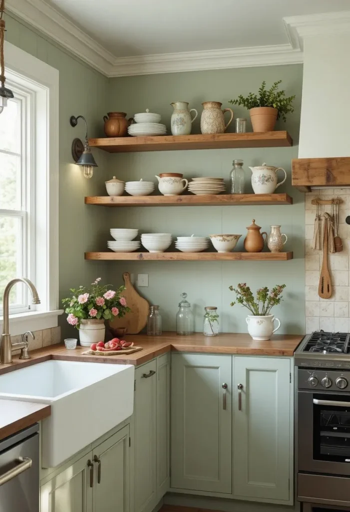 Green kitchen walls with open wood shelving and ceramic display