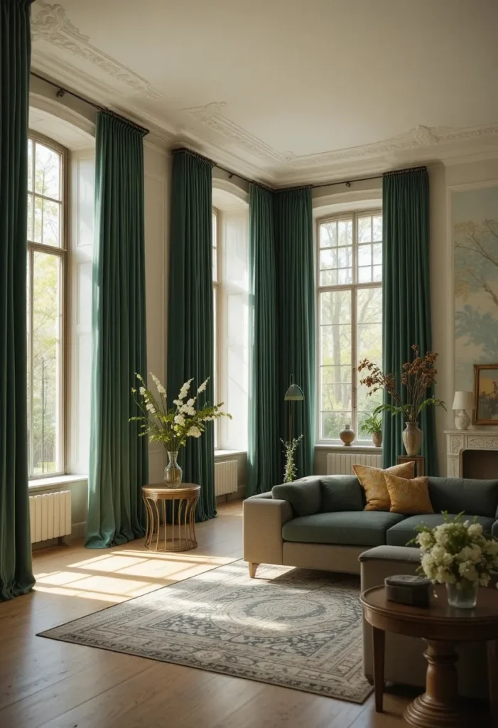 Dramatic floor length curtains in living room interior design