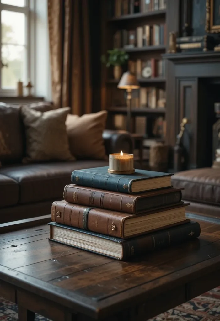  Stacked vintage books styled as decor on a coffee table
