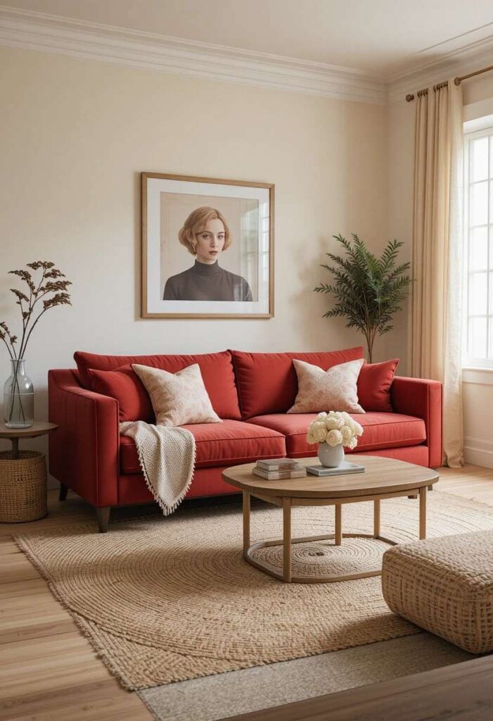  Red couch styled with warm neutral tones in living room
