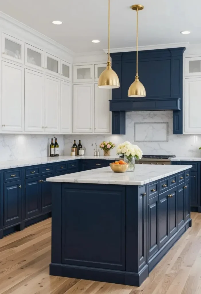 Navy blue kitchen cabinets paired with white uppers and marble counters
