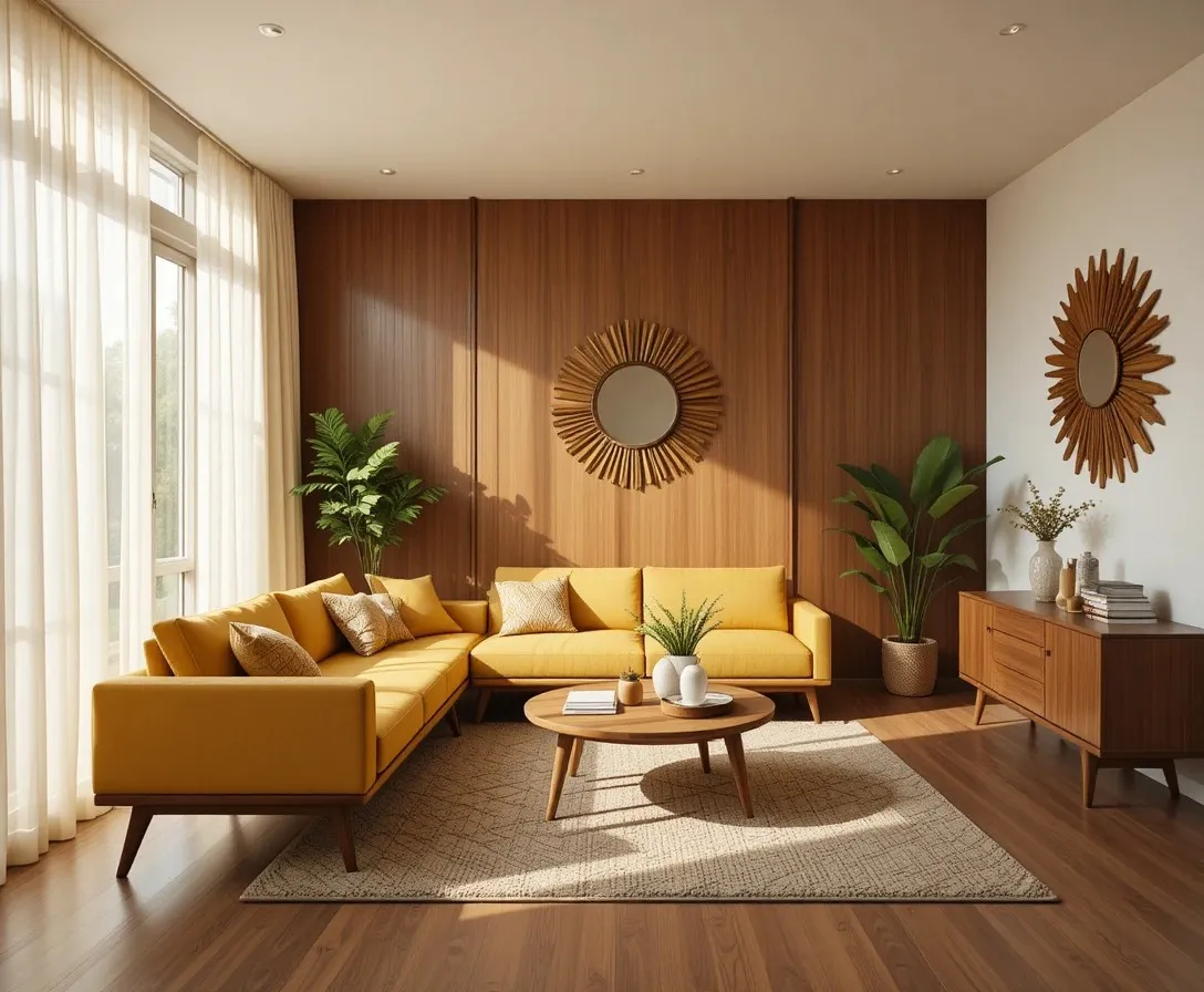 Cozy mid century modern living room with walnut furniture and mustard sofa