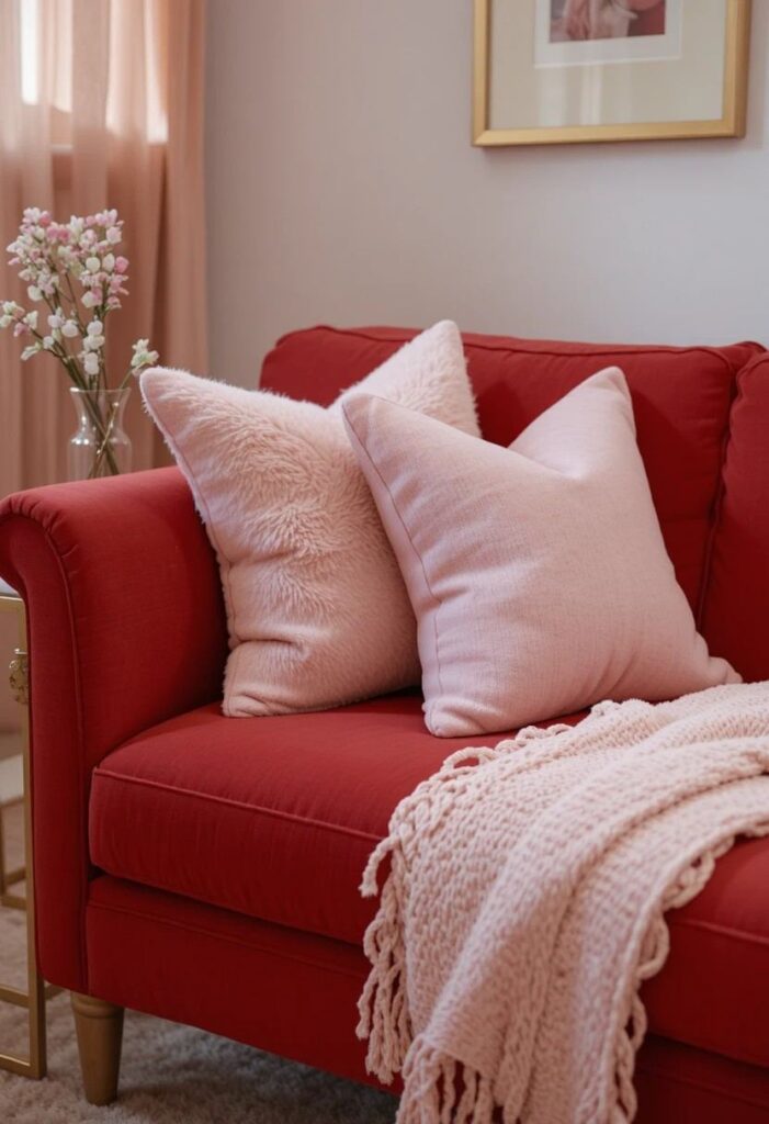 Red couch with blush pink accents in living room
