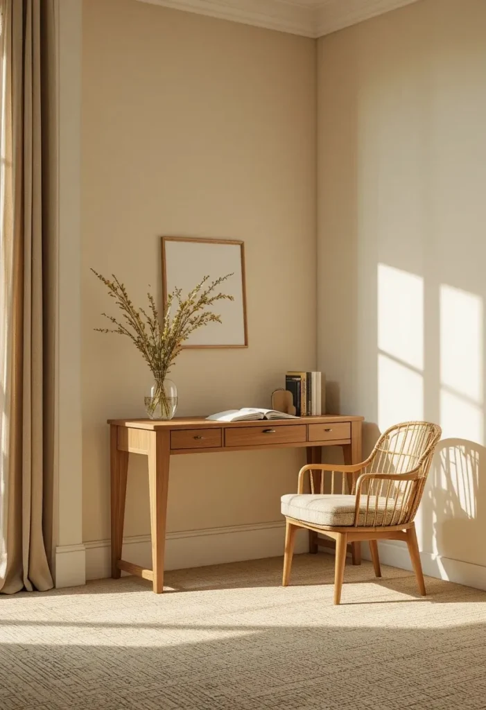 Desk tucked into empty living room corner for a small home office nook
