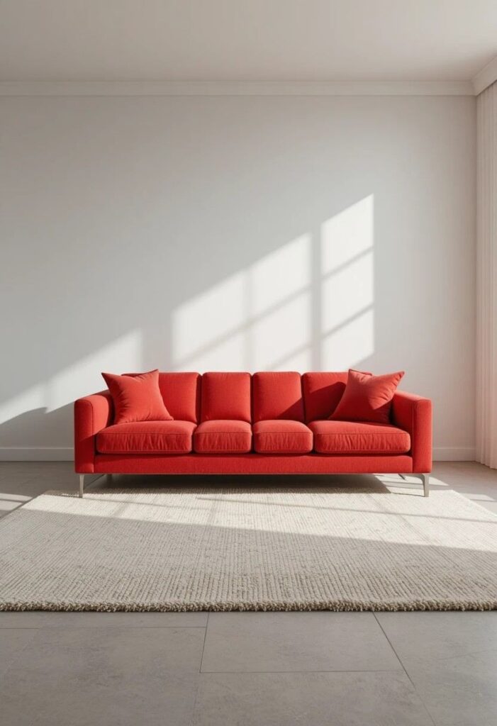  Red couch living room with neutral area rug styling