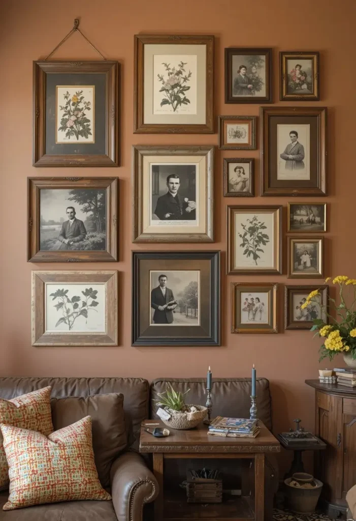 Vintage gallery wall with mismatched wooden frames
