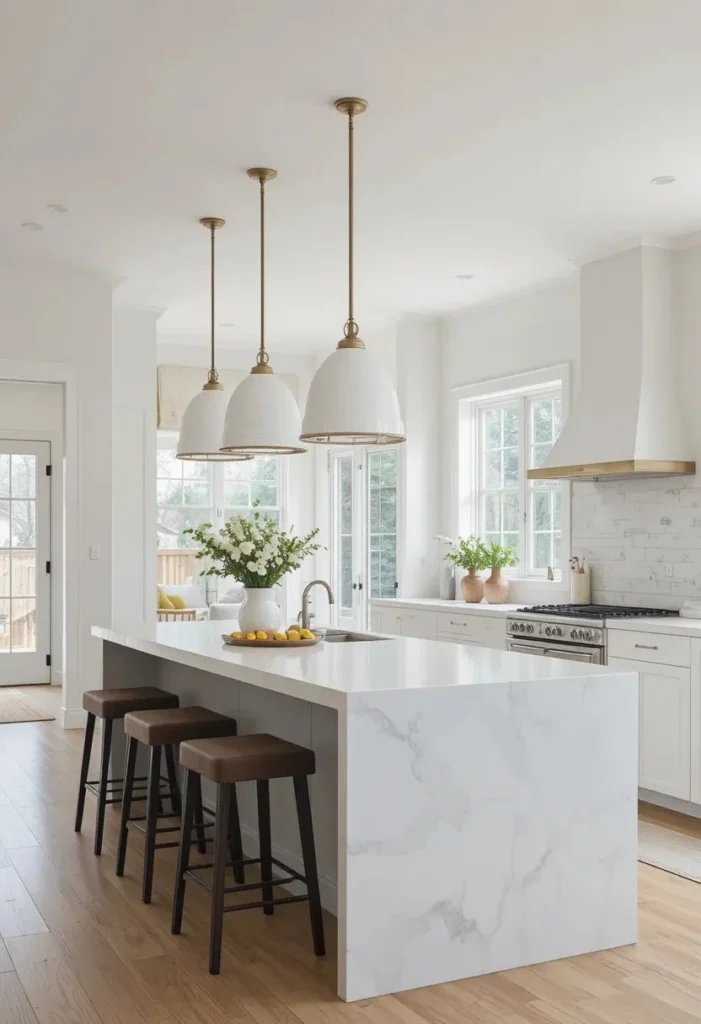 Matte white ceramic pendant lights over bright kitchen island