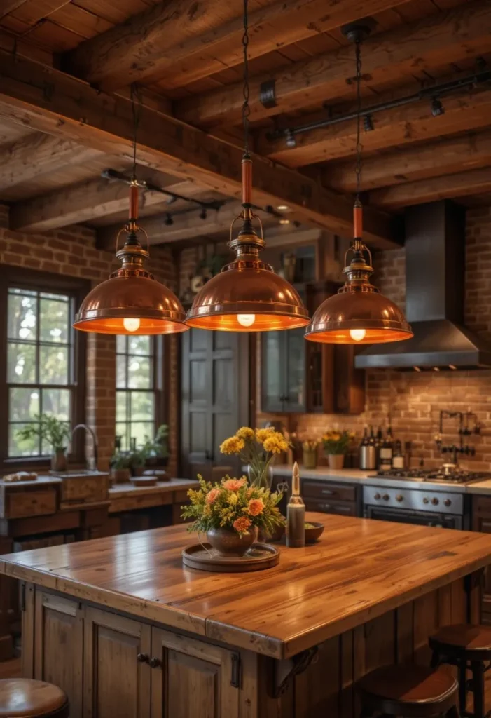 Copper pendant lights over a rustic kitchen island