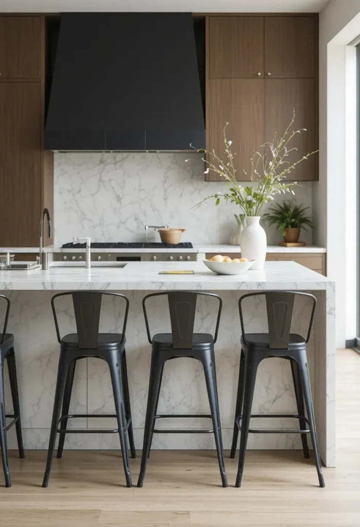 Matte black metal bar stools against a light quartz kitchen island