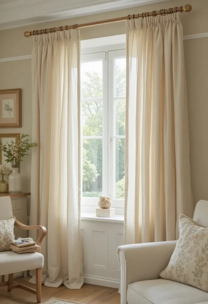Soft linen curtains in a bright cottage living room window