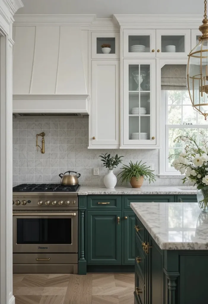 Two tone kitchen cabinets in white and deep green combination
