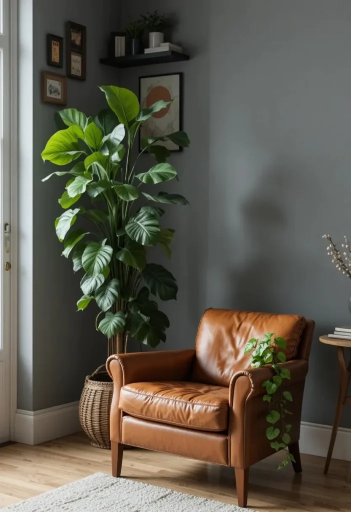 Indoor plants adding freshness to gray and brown living room