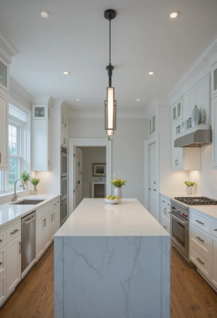 Minimalist linear pendant light over a narrow kitchen island