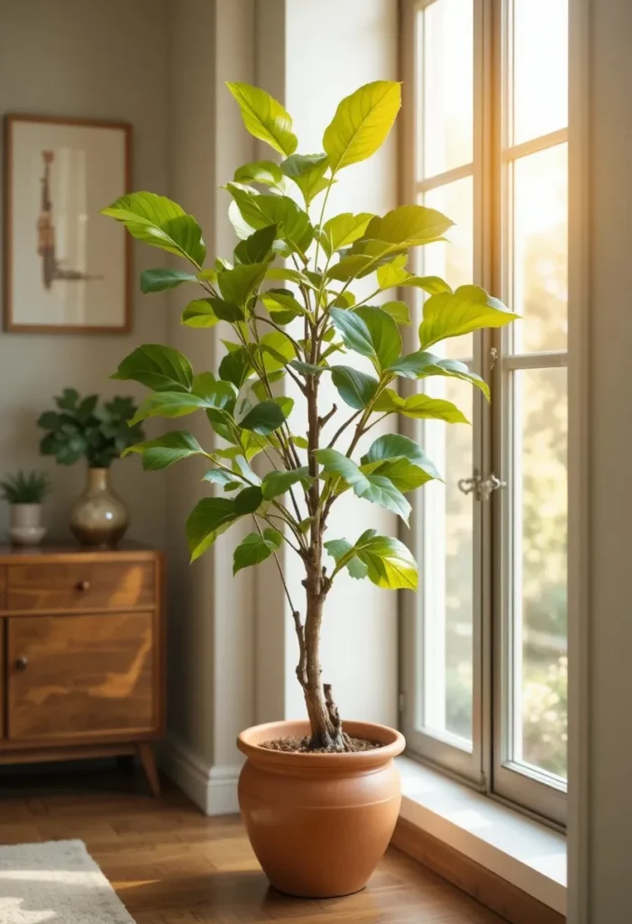  Fiddle leaf fig plant in terracotta planter near window