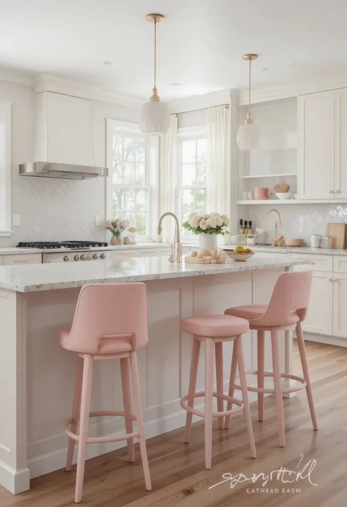Blush pink bar stools adding a playful accent to a neutral kitchen