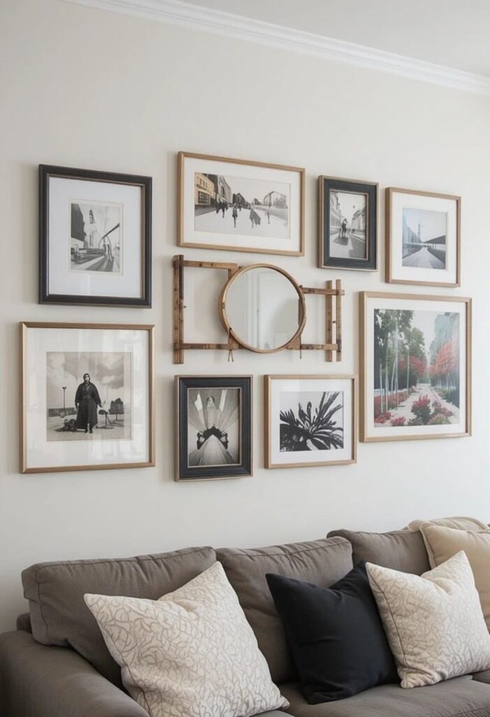 Gallery wall art display idea for living room decor