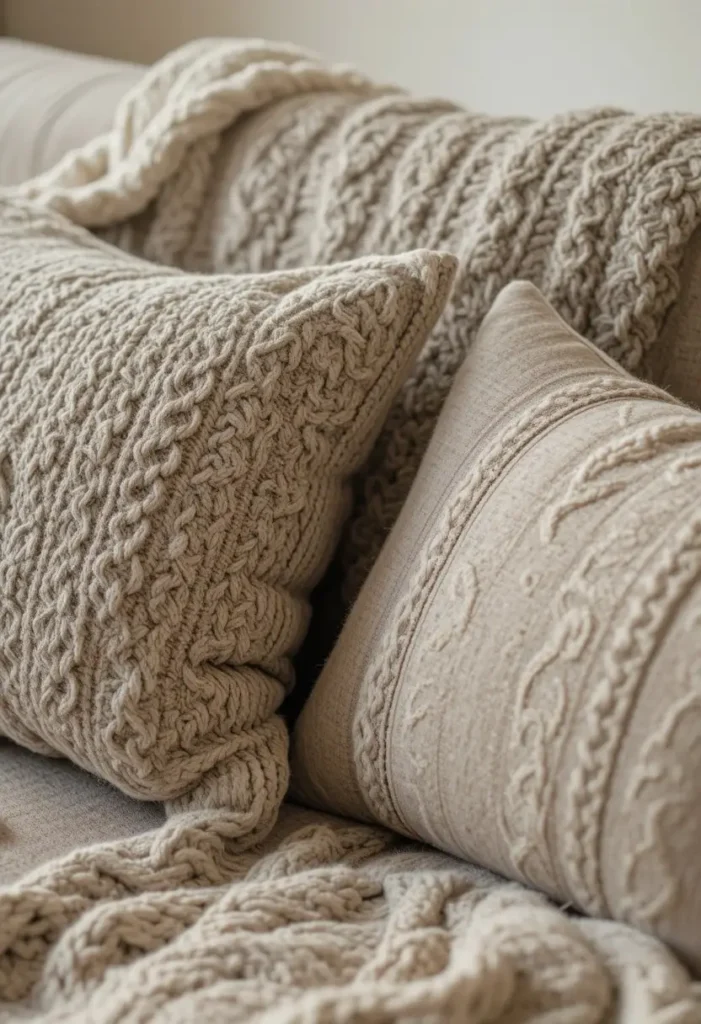 Layered cozy textiles on cottage style living room sofa