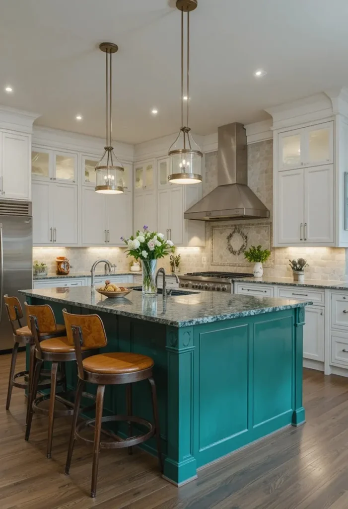 Emerald green kitchen island with wooden stools and pendant lighting

